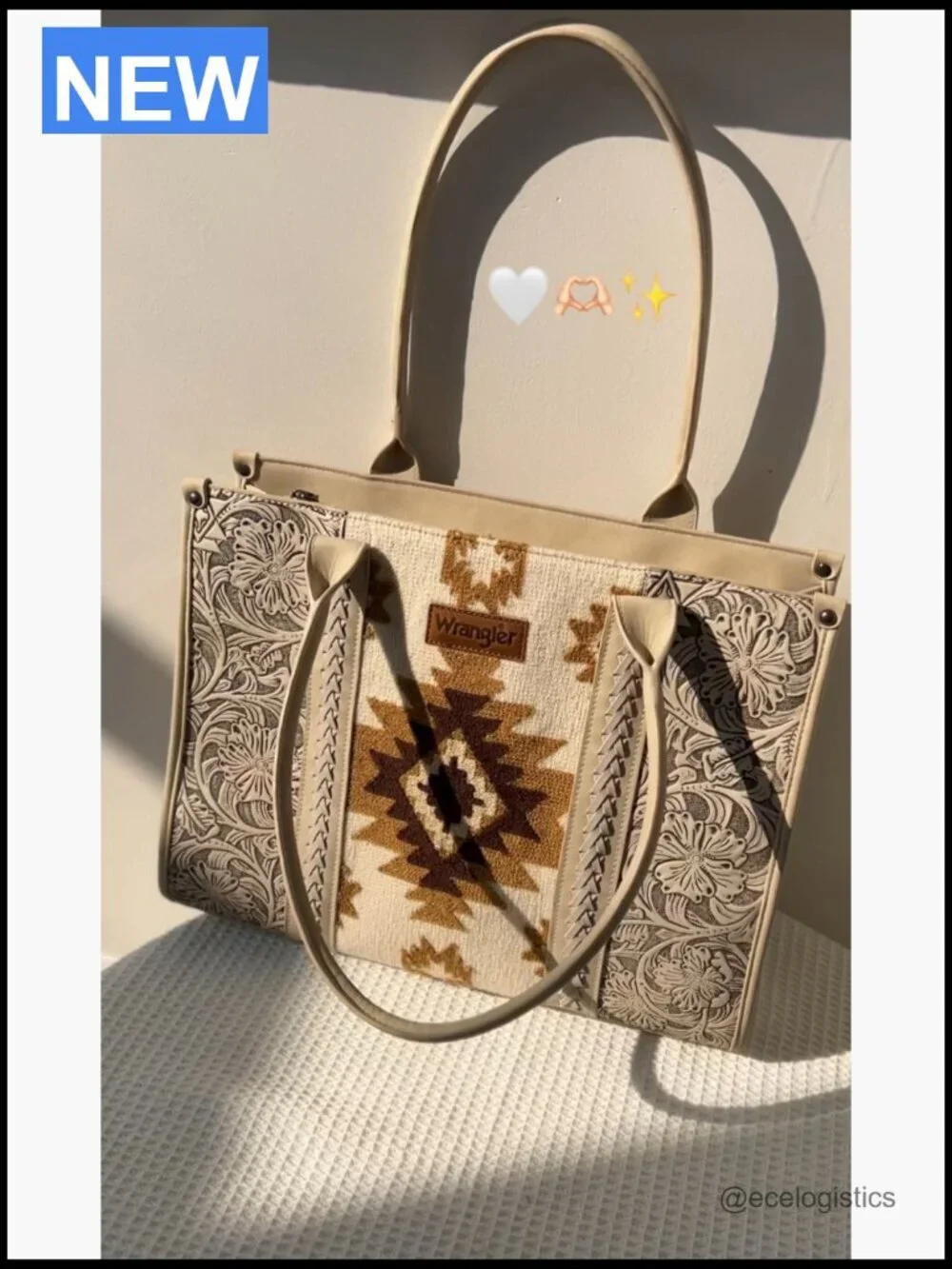 Western Tote Bag with Aztec Tapestry Genuine Leather Whipstitching